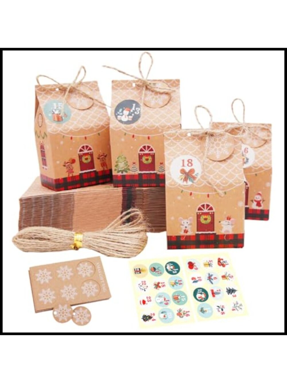 24 Pc Christmas Advent Calendar Treat Boxes Number Stickers Tags Hemp Rope DIY